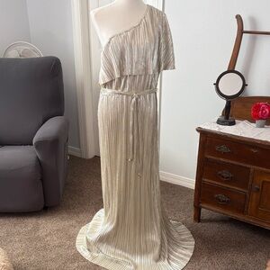 Rachel Zoe/express One-Shoulder Metallic Pleated Gown in Champagne gold